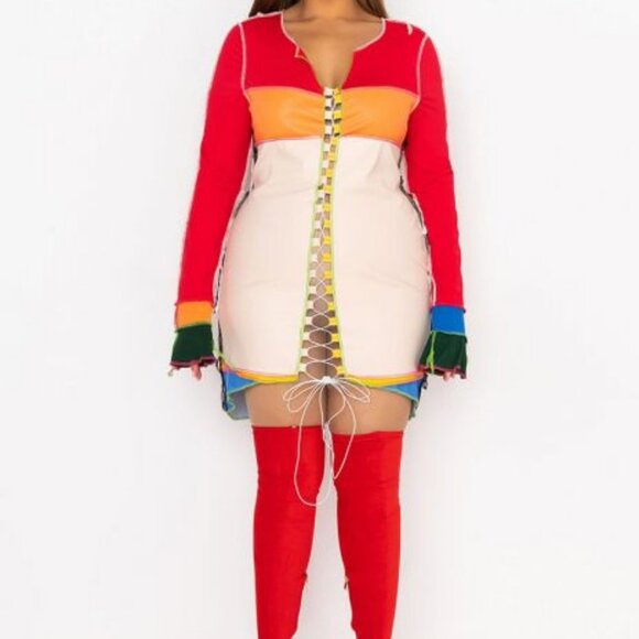 PLUS FAUX LEATHER PATCHWORK MINI DRESS (  BRAND NEW !! ) - Picture 2 of 8